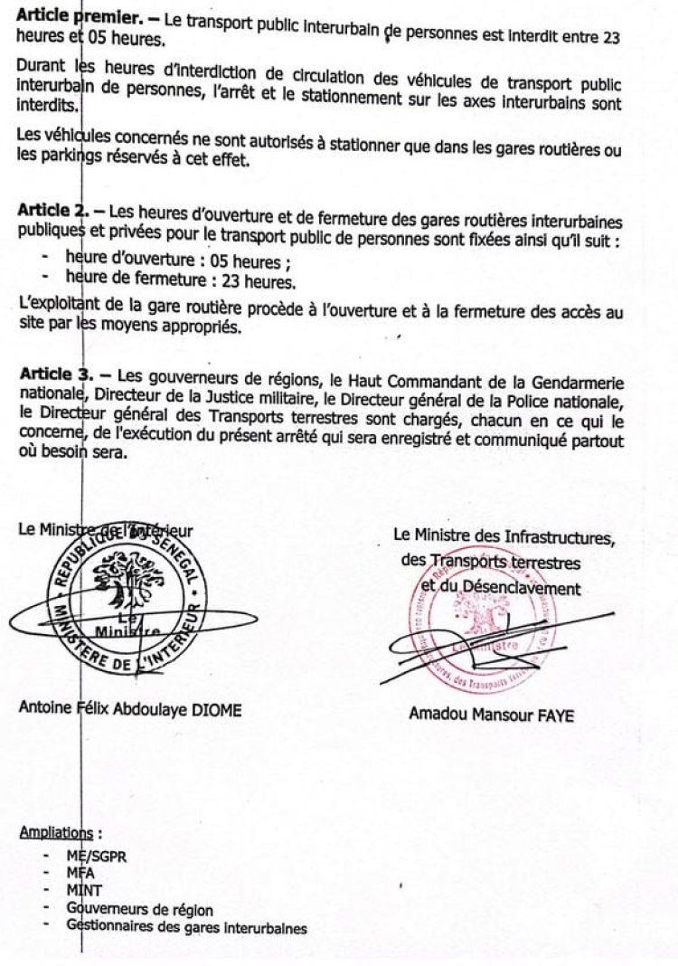 TRANSPORT INTERURBAIN DE PERSONNES : L’interdiction de circuler entre 23h et 05h en vigueur